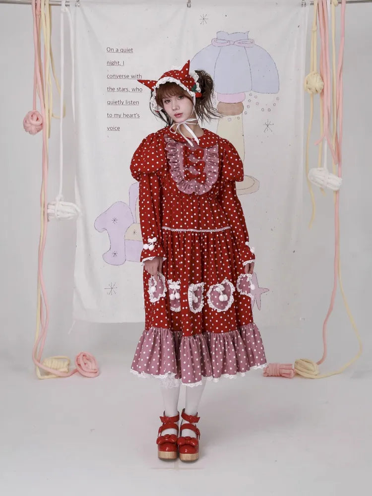 Lolita old-fashioned red polka dot niche dress【s0000014109】