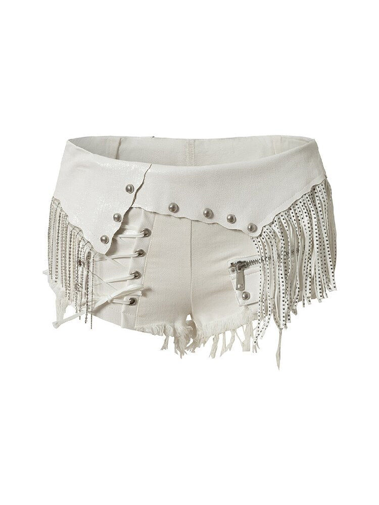 Chain Fringe Patchwork Denim Shorts【s0000016980】