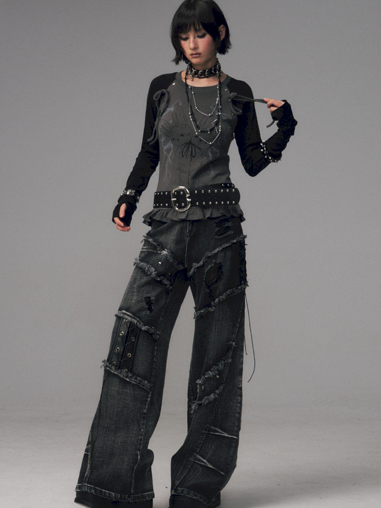 Raw-Edge Washed Distressed Riveted Pants【s0000014453】