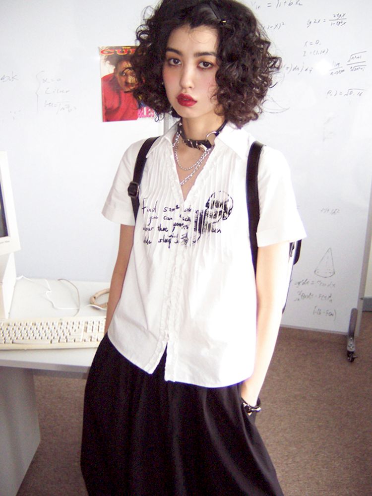 Printed Pinch Pleat Positive Shoulder Short Sleeve Shirt【s0000008834】