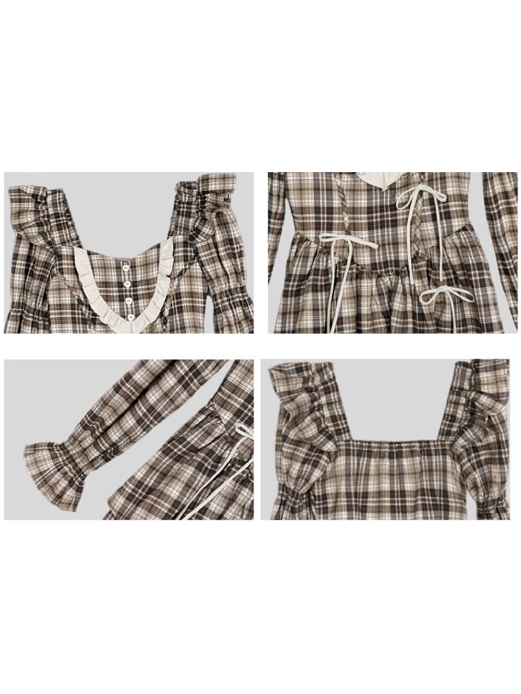 Plaid Bow Fly Sleeve Dress【s0000005043】
