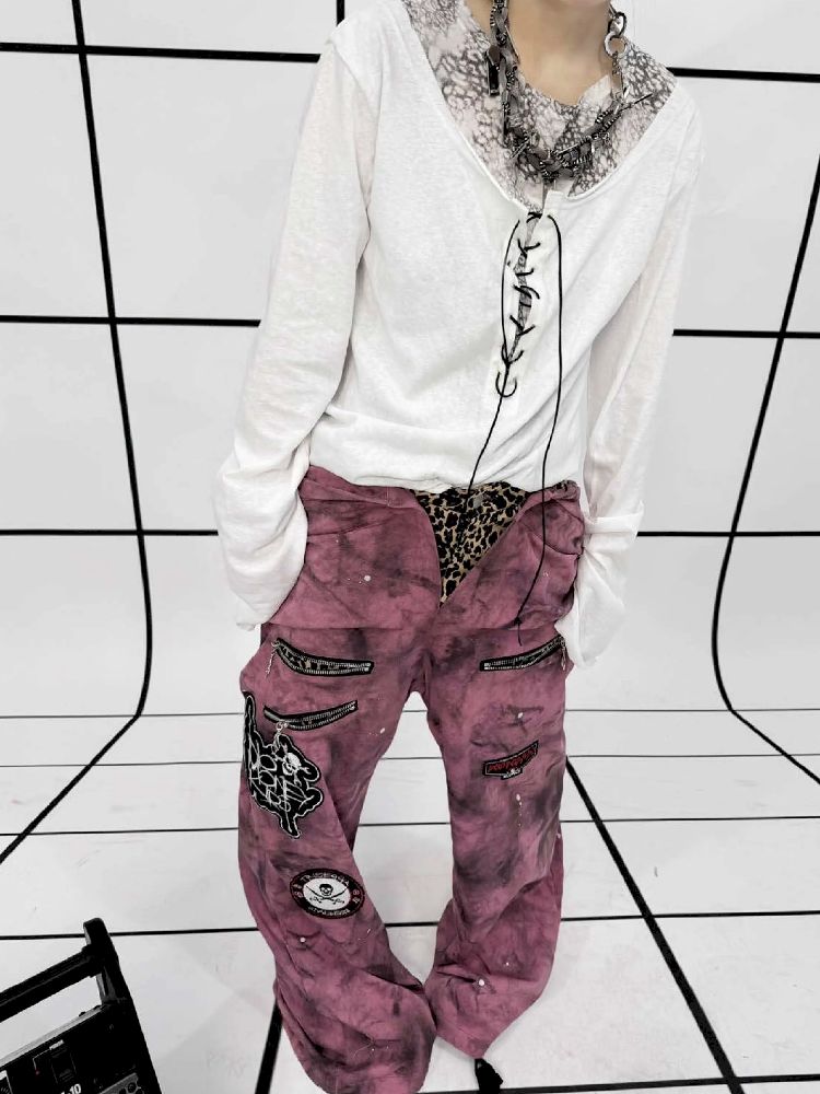Punk double-waisted pink pants【s0000011686】