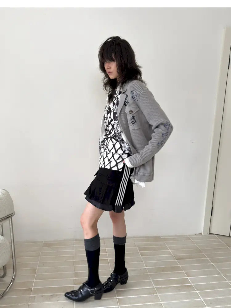 Graffiti-Print Knit Cardigan Sweater【s0000014202】