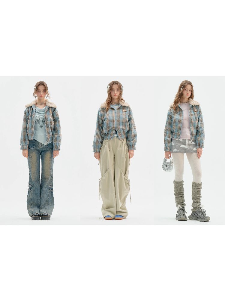 Fur Collar Slim Blue Plaid Short Coat【s0000011507】