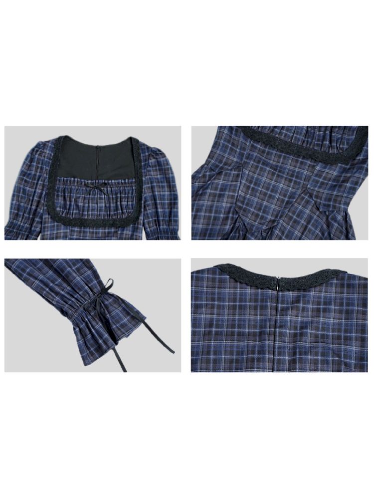 Dark Blue Grid Princess Long Sleeve Slim Dress【s0000005038】