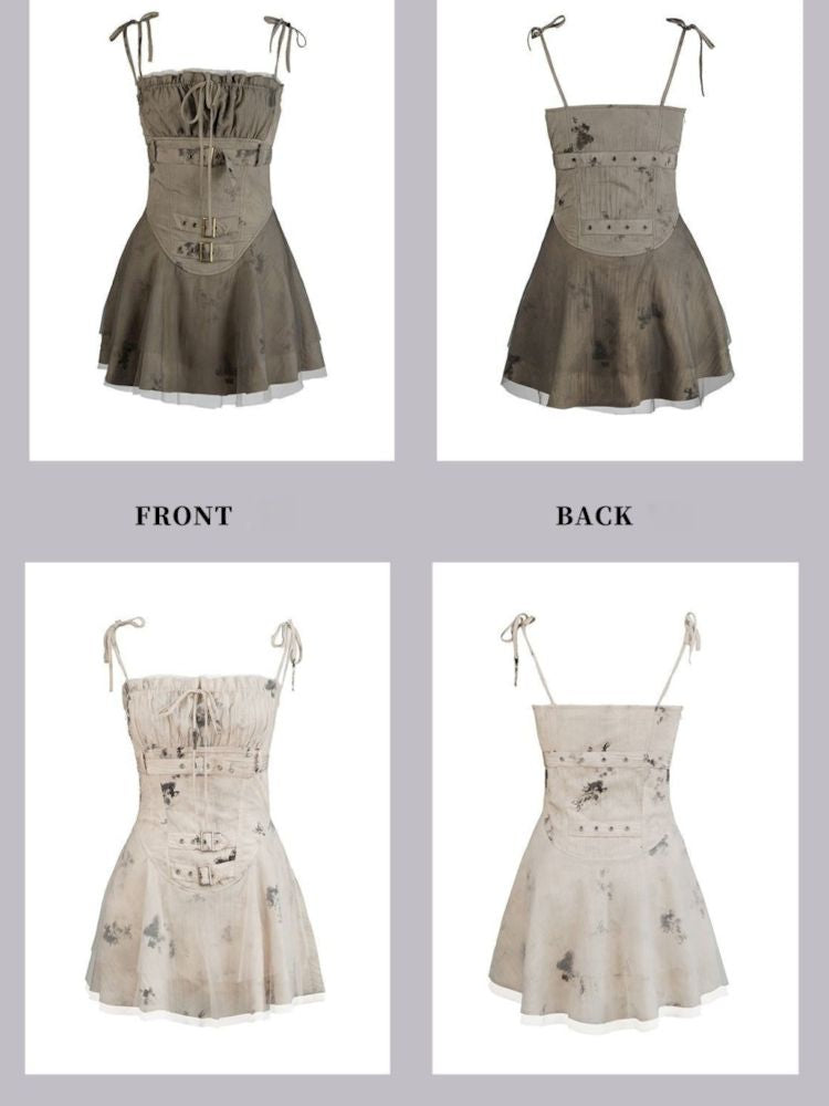 Division Brown Butterfly Mesh Skirt Halter Dress【s0000009364】