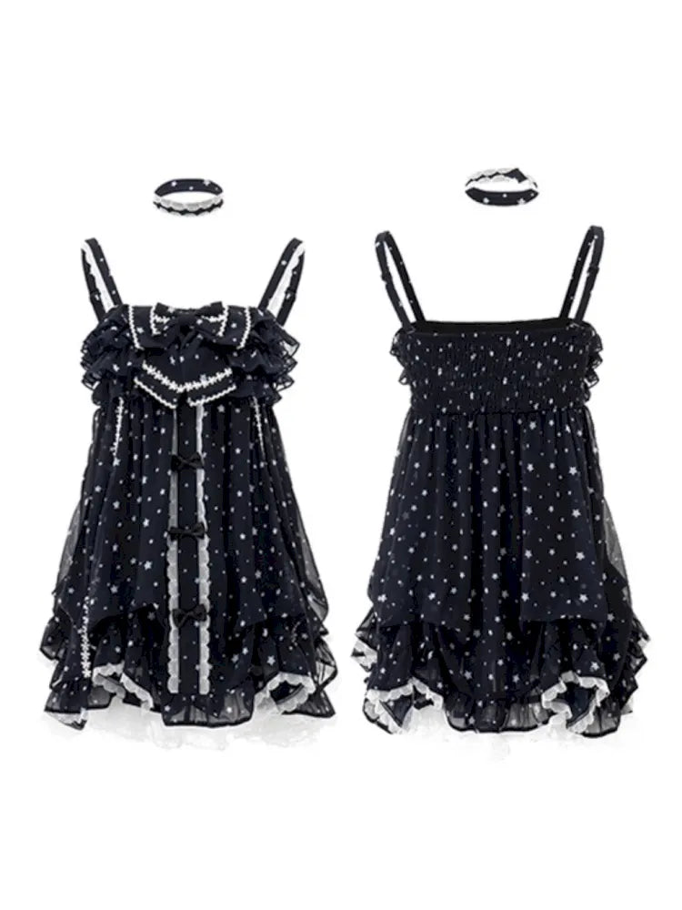 Polka Dot Floral Bud Chiffon Spaghetti Strap Dress【s0000013971】