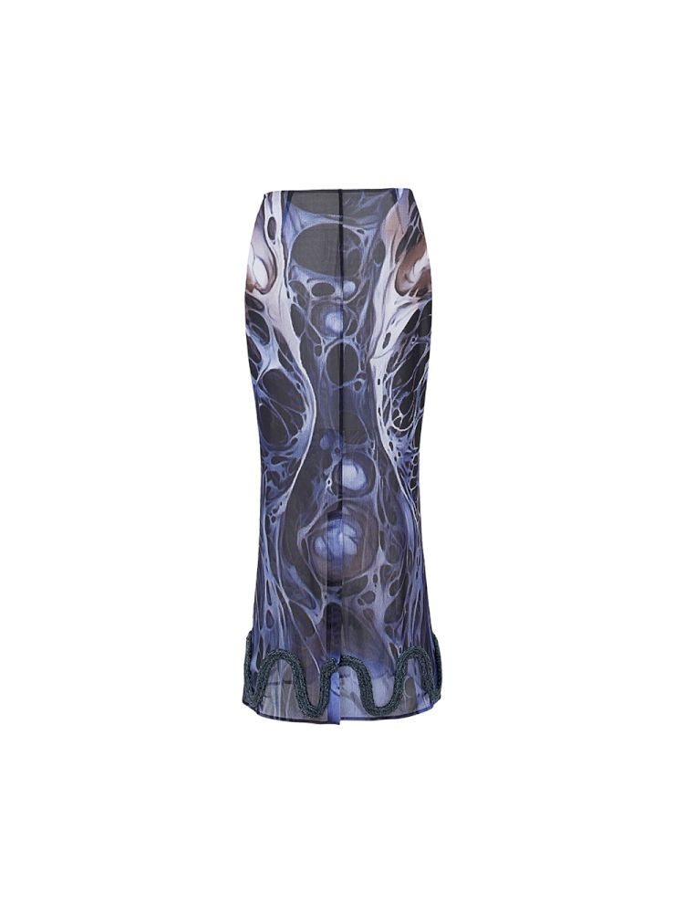 Printed Shaped Slit Mesh Half-body Dress【s0000012466】