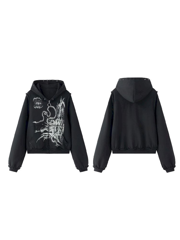 Printed Sweatshirt Studded Hoodie【s0000011232】