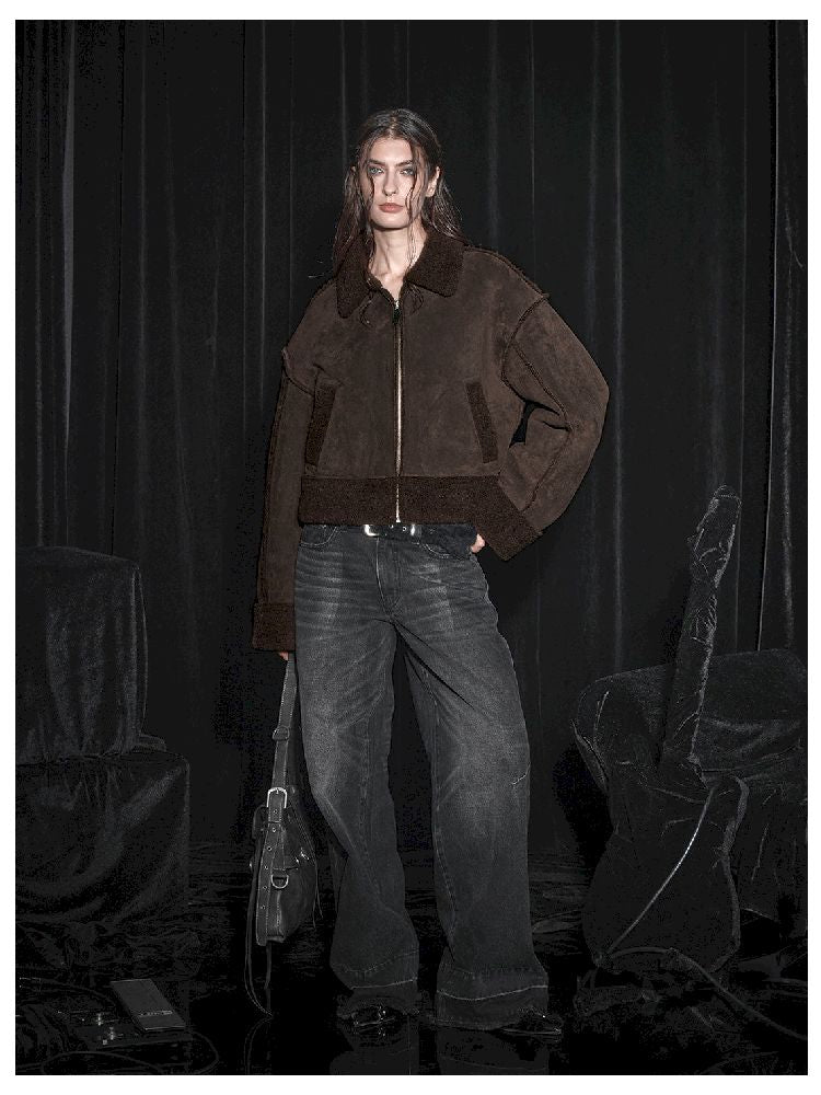 Patchwork Suede Lamb Fur Loose Zipper Jacket【s0000005454】