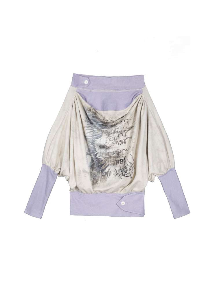 Batwing sleeve printed off-the-shoulder top【s0000014489】