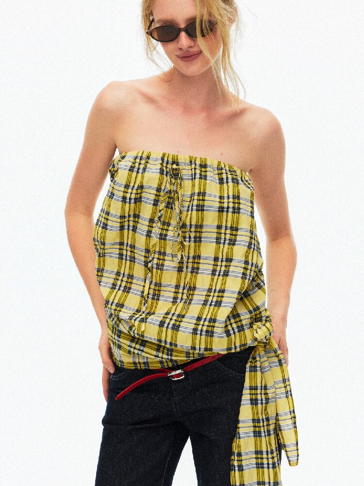 Striped Plaid Lace Up Bandeau Top【s0000015924】
