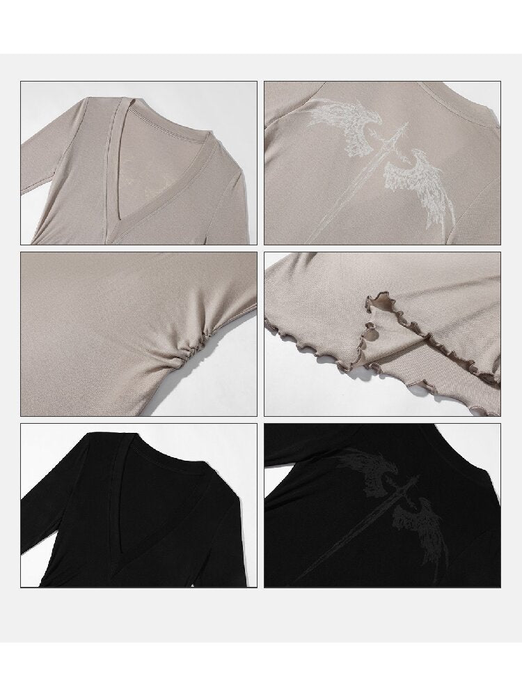 Black Lyocell Print Fungus Top【s0000016252】