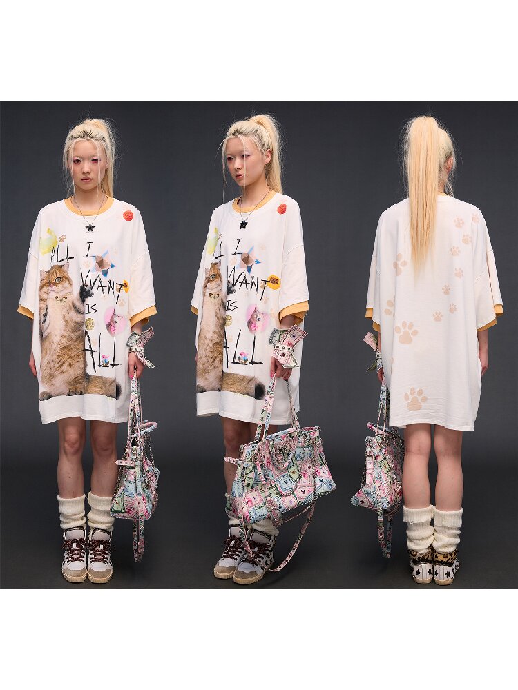 Cat Print Loose Fit T-Shirt【s0000017028】