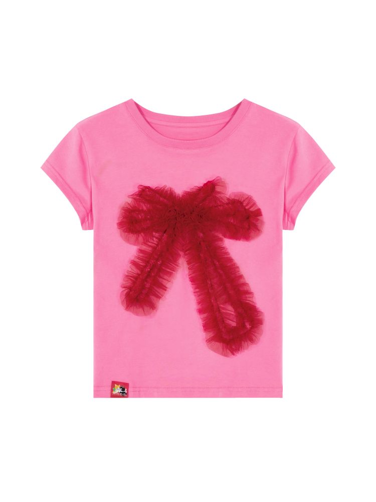 Two-tone mesh bow T-shirt【s0000012828】