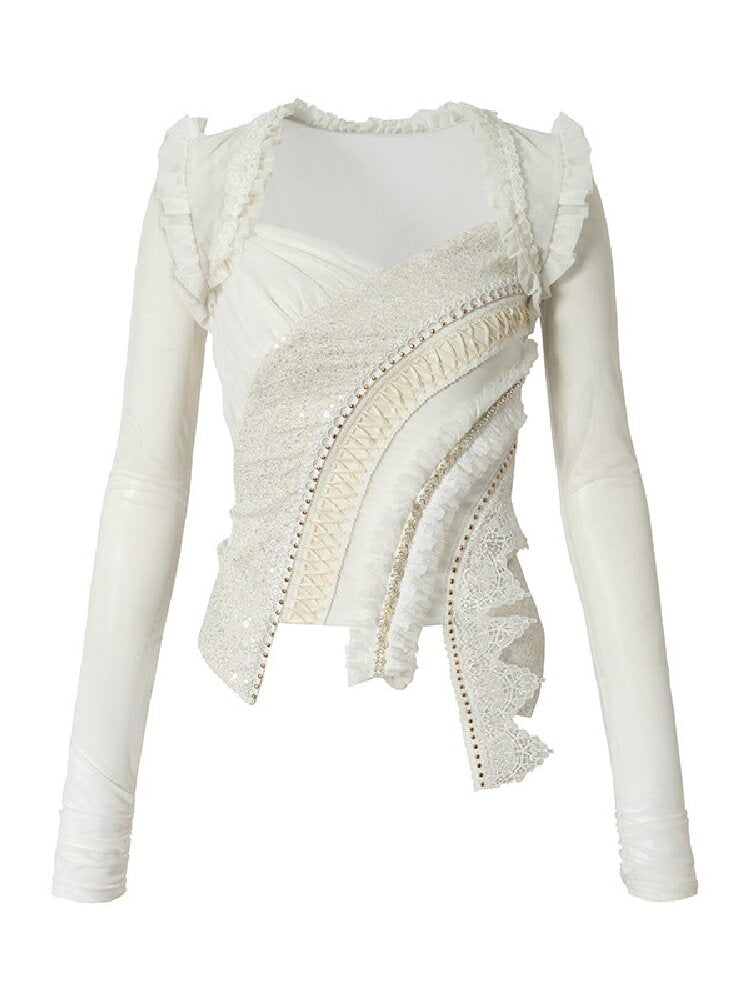 Sequin Webbing Mesh Long Sleeve Top【s0000016984】