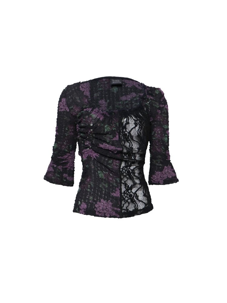 Flocked Lace Paneled Ruffled Shirt【s0000016067】