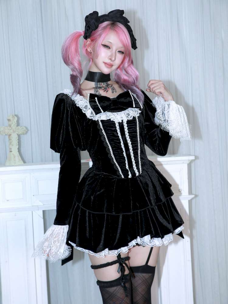 Bow Black Velvet Paneled Lace Dress【s0000014680】