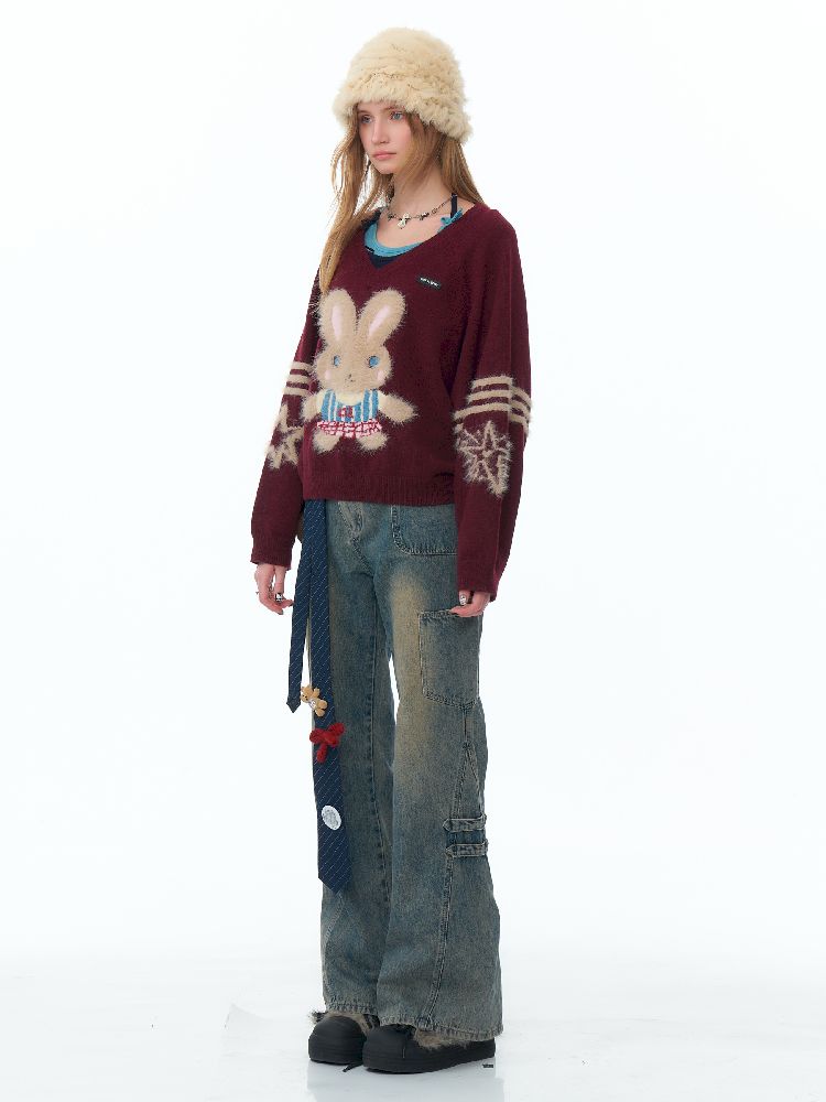 V-Neck Soft Thick Red Sweater【s0000011501】
