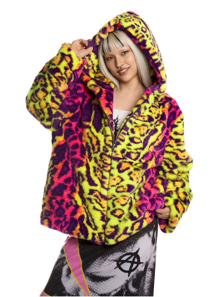 Fluorescent Neon Leopard Print Fur Hooded Jacket【s0000014912