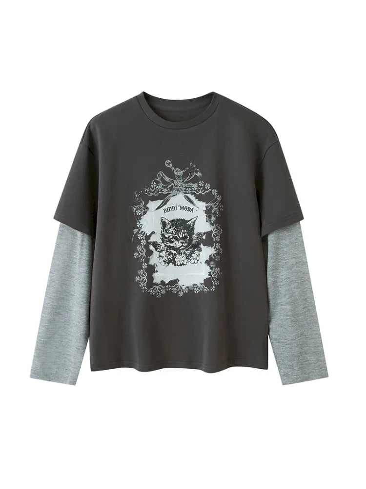 Oversized Faux Two-Piece Long-Sleeve T-Shirt【s0000014047】