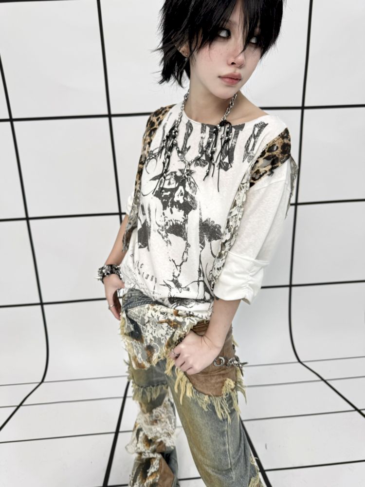 Raw Edge Aged Printed False Two Piece T-Shirt【s0000013714】