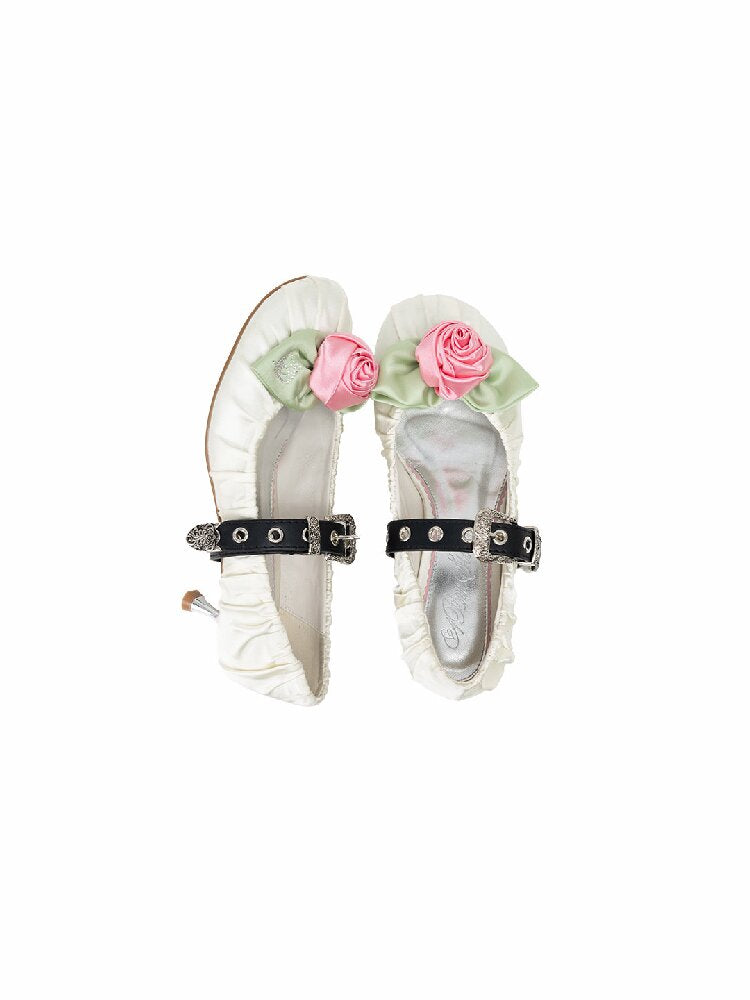 Rose Ruffled Satin Pointed Toe Pump【s0000016912】