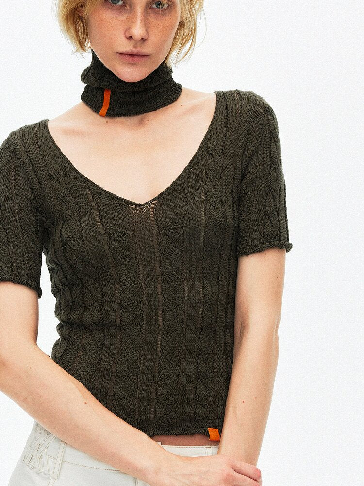 Cut Out Cable V-Neck Knit Top【s0000015928】