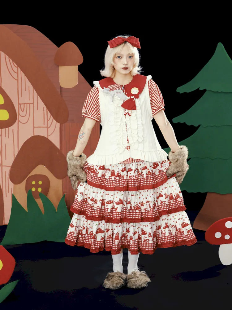 Multi-Layer Printed Red Checkered Cake Skirt【s0000013937 Multi-Layer Printed Red Checkered Cake Skirt【s0000013937