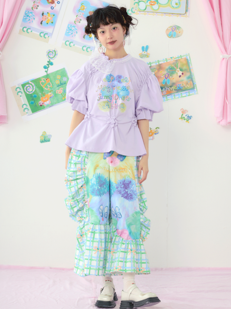 Lace Bubble Sleeve Cute Purple Tee【s0000009078】