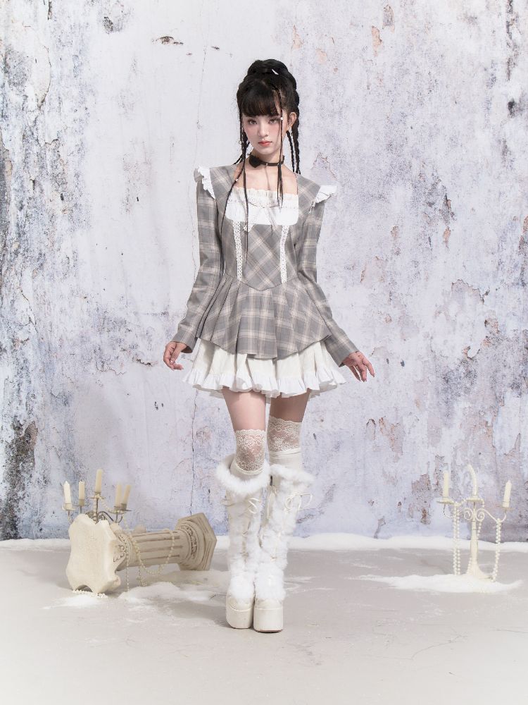 Checkered Patchwork Lace Trimmed Pleated Skirt【s0000005307】