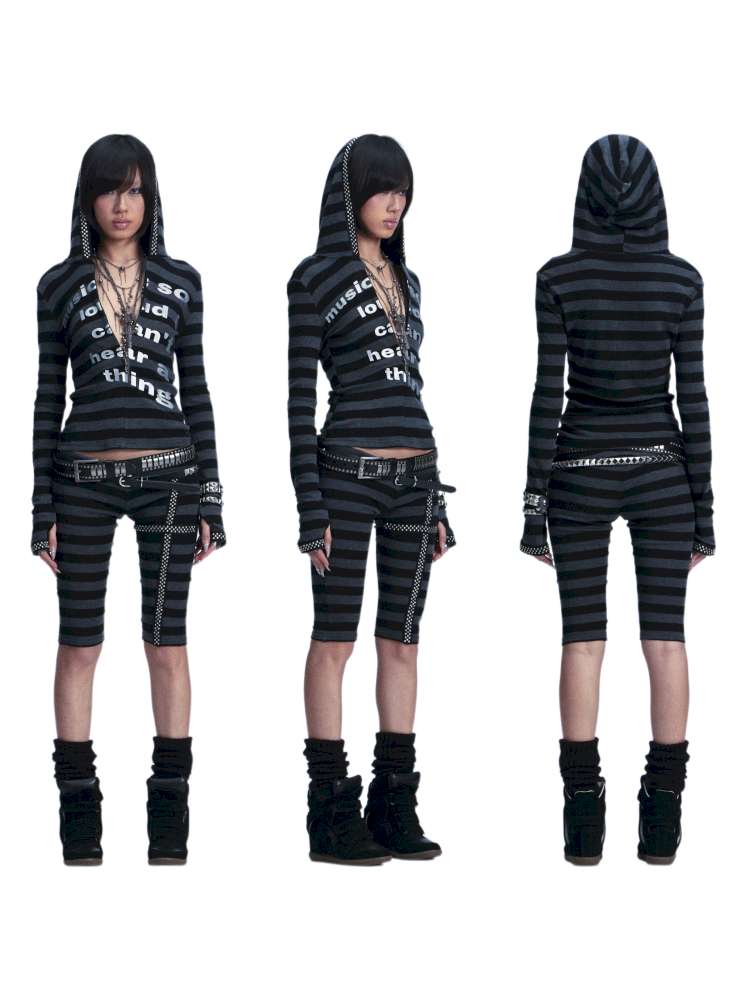 Black Gray Striped Stud Top Set【s0000014667】