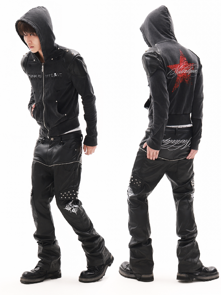 Waxed Leather Patchwork Jeans【s0000018347】