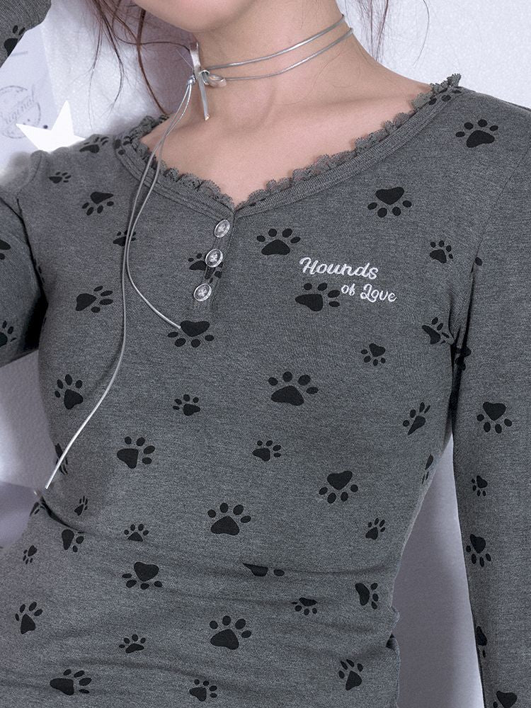 V-neck Long Sleeve Slim Printed Gray T-shirt【s0000011663】