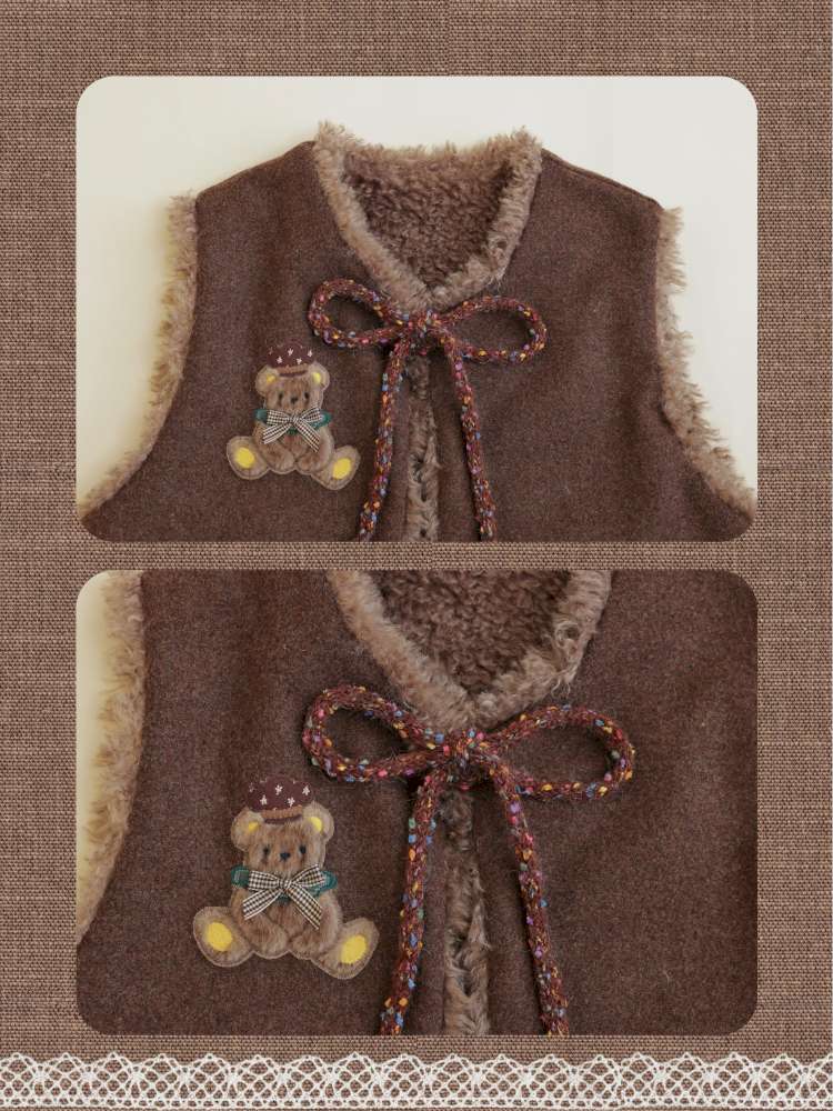 Vintage Girl Wool Plush Chef Bear Vest【s0000014845】