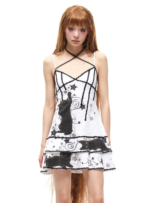 Black Cat Print Camisole Dress【s0000012588】
