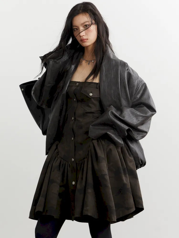 Pleated Silhouette Ebony Brown Faux Leather PU Jacket【s0000014032】