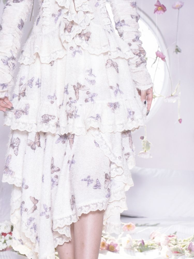 Butterfly Print Irregular Hem Lace Ruffle Half Skirt【s0000007873】