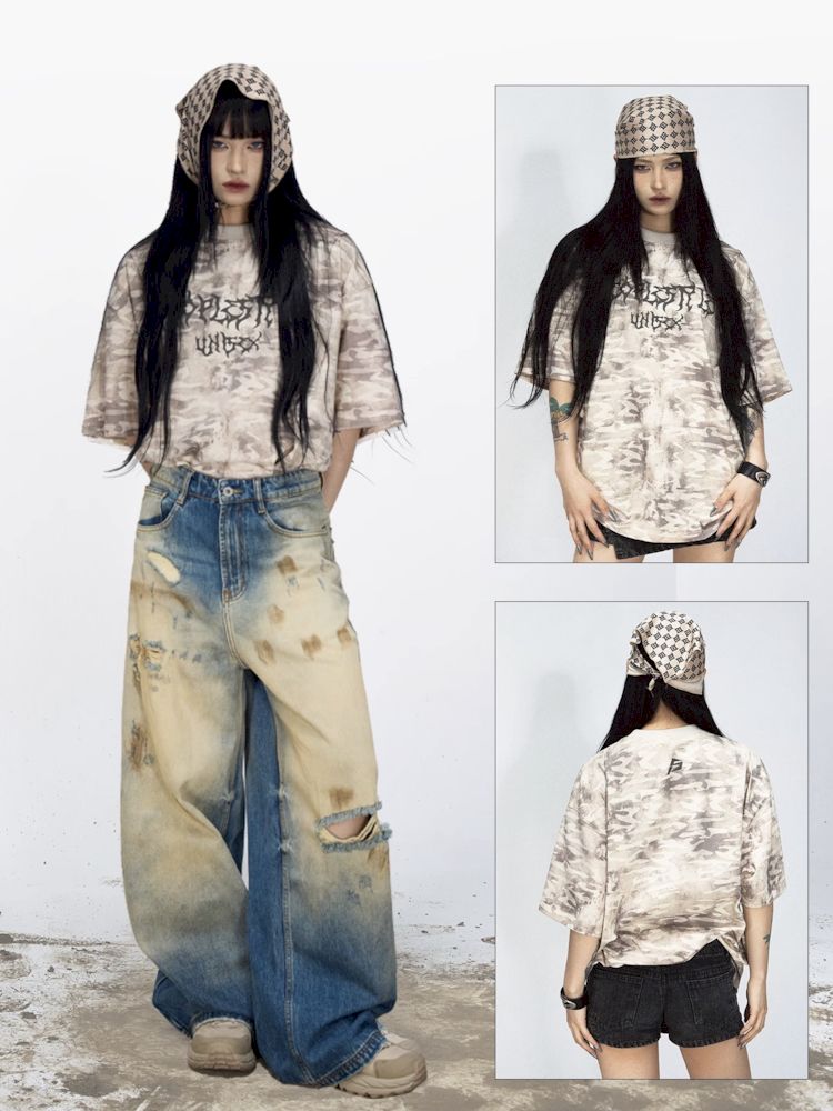 Camouflage punk letters do old washed T-shirt【s0000008486】