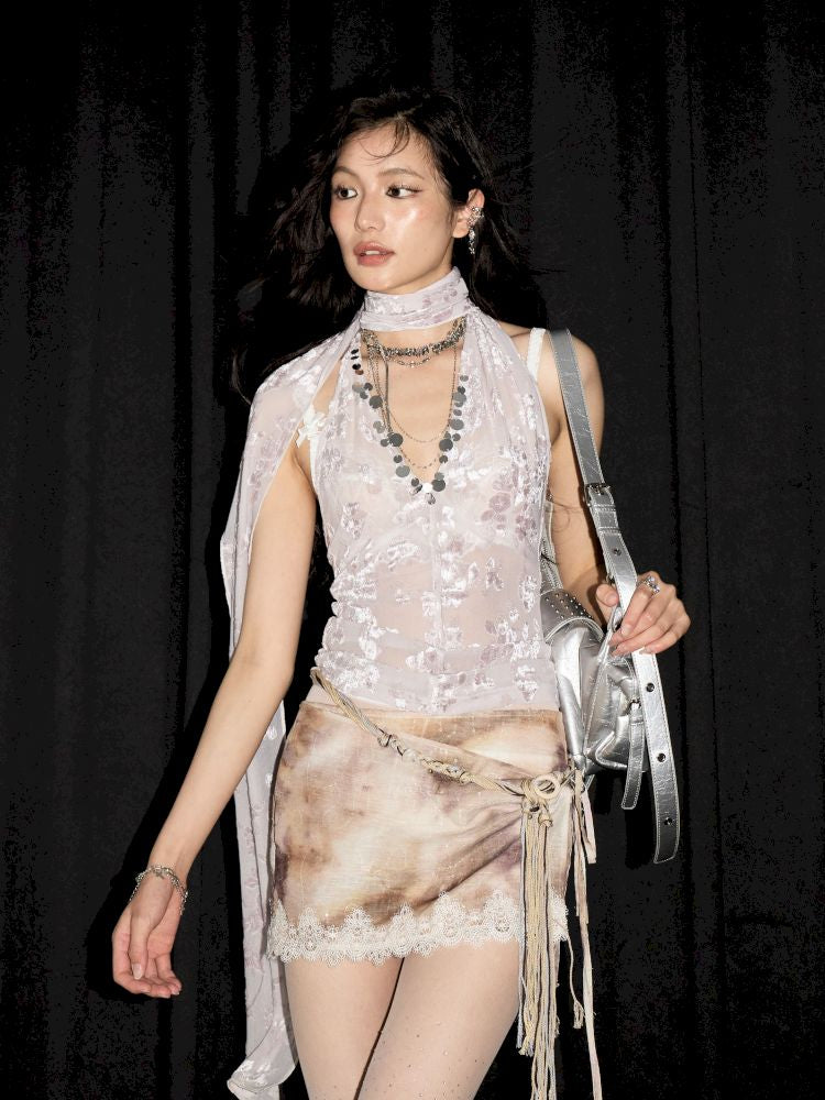 Asymmetric Velvet Jacquard Scarf Ves【s0000013207】