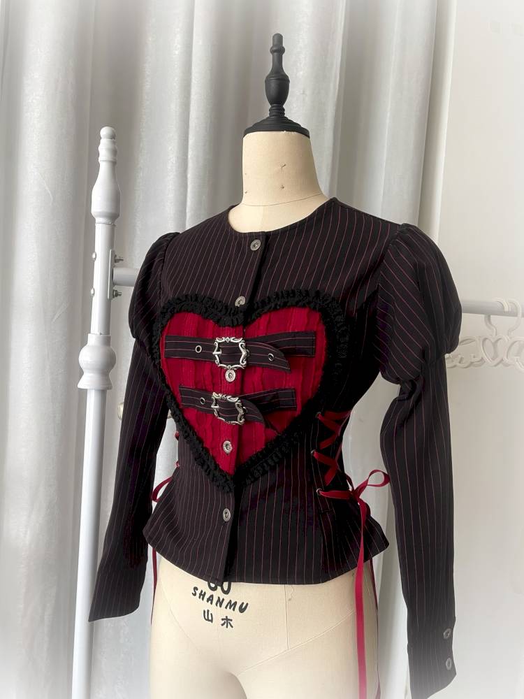 Lace-Up Striped Puff-Sleeve Lantern Skirt Shirt【s0000014435】