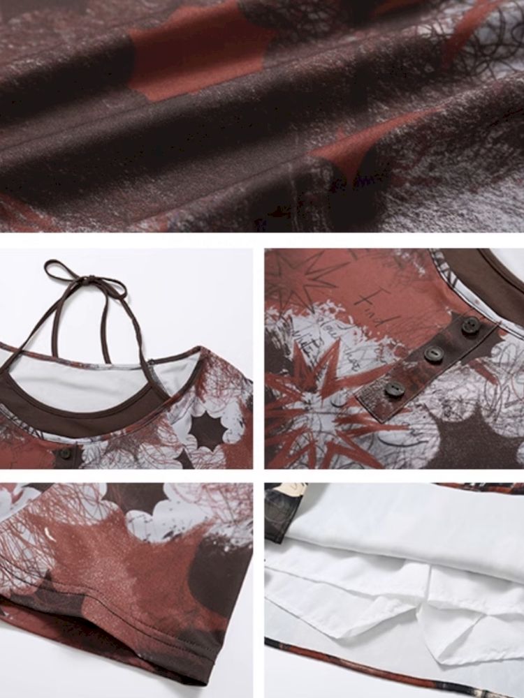 Fake two pieces full print hanging neck short sleeve T-shirt【s0000008847】