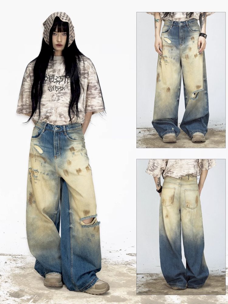 Yellow mud dyed ripped blue straight jeans【s0000008487】