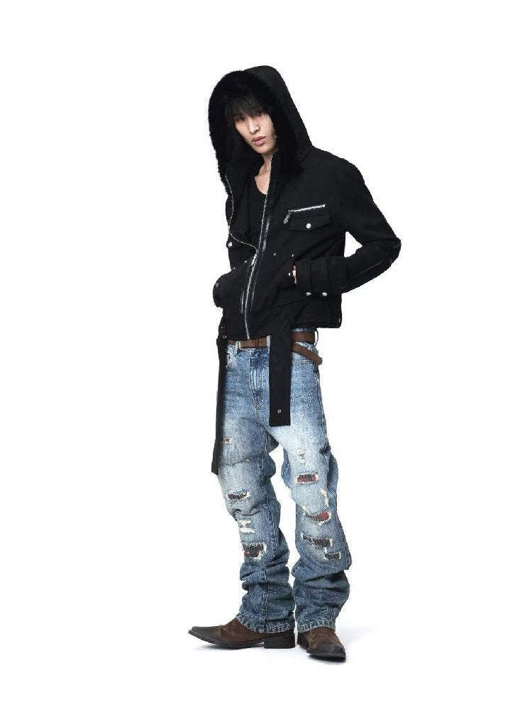 Washed Plaid Ripped Bootcut Jeans【s0000018224】