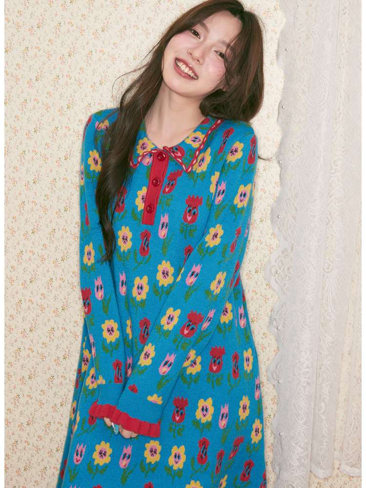 Cartoon Floral Knit Dress【s0000014505】
