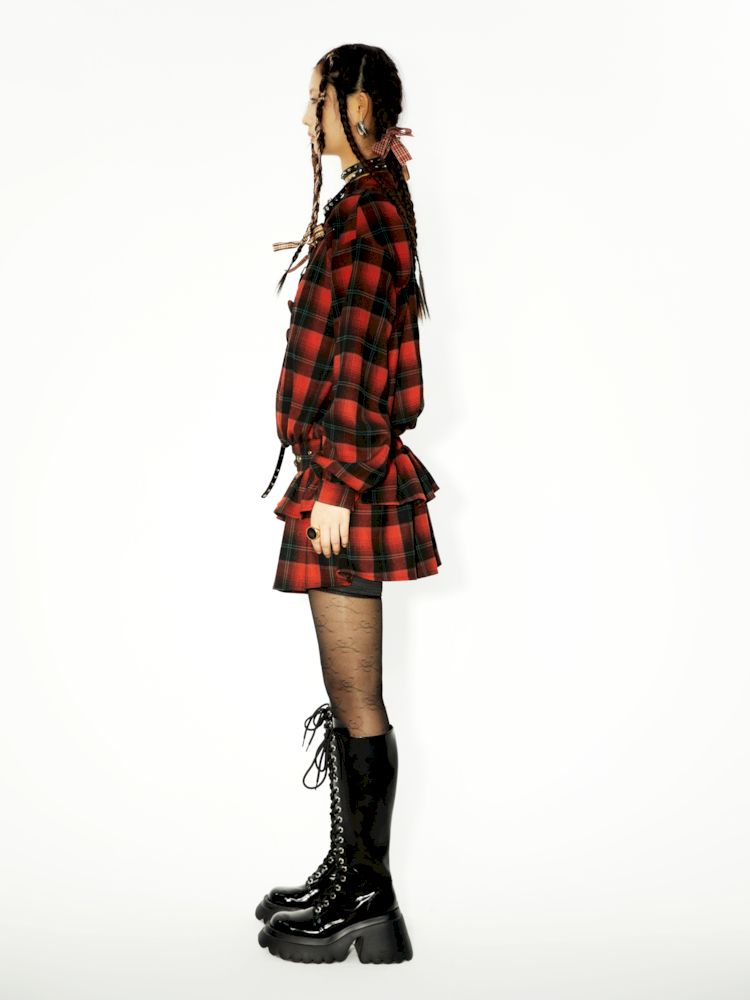 Plaid waist slimming mini cake dress【s0000006260】