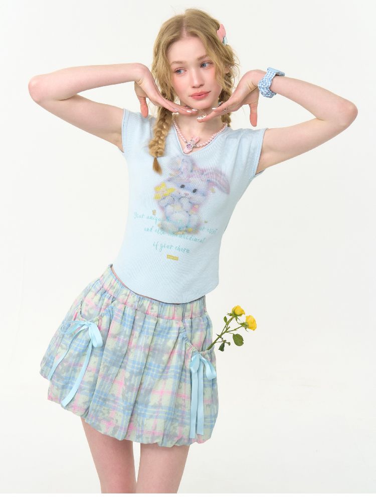 V-neck Baby Blue Short Sleeve T-shirt【s0000012268】