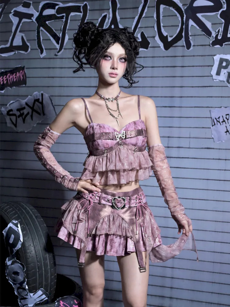 Sequined Denim A-Line Lace-Up Low-Waist Mini Skirt【s0000014026
