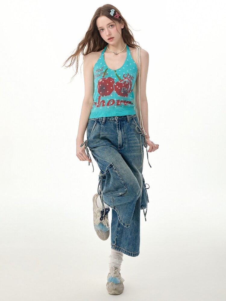 Wave Cherry Print Cropped Top Tank【s0000017305】