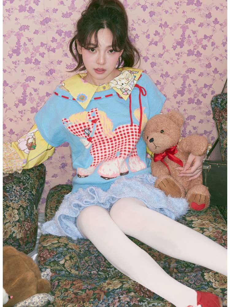 Blue Red Plaid Pony Knit Vest【s0000015023】